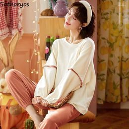 Women's Sleepwear Pyjama Sets Women Solid Simple Designed Lovely Korean Style Vintage All-match Home Daily Leisure Stylish Delicate Cosy