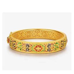 9999 real gold 24K yellow Dragon and Phoenix Chengxiang Enamel Bracelet Open Womens Elegant 240515