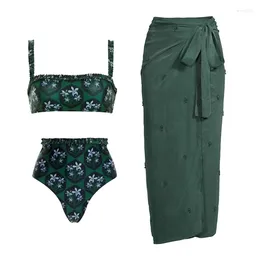 Cute Green Ruffle Design Bikini Sets Sexy Women Mid-waist Swimsuit With Strappy Skirt 2024 Beachwear Bathing Suits Swimwear