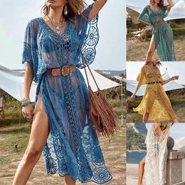 Sexy Cover Ups Women Hollow Out Mesh Bathing Suits See Through Beach Dress Crochet Baggy Side Slit Smock Summer Swimwear