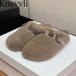 Slippers Flat Woman Round Toe Wool Mules Outdoor Vacation Shoes Women Casual Comfort Slides String Bead