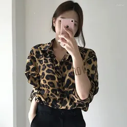 Women's Blouses 2024 Office Lady Shirts Ladies Fashion Leopard All-match Long Sleeve Turn-down Vintage Clothing