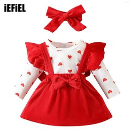 Clothing Sets Baby Girls Corduroy Party Outfit Heart Printed Romper Bodysuit With Ruffle Suspender Skirt And Headband Set Valentine's Day