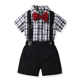 Clothing Sets 1-5Y Toddler Boys Short Sleeve Plaid Print Shirts Tops Suspenders Shorts Bow Tie Child Gentleman Outfits Suits Three Pieces