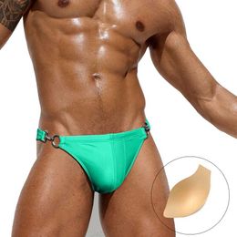 Men's Swimwear Two Sides Metal Lock Swimwear Side Slit Mens Low Waist Bikini Swim Briefs Quick Release Pad Push Up Nylon Sport Bathing Suit Y240517