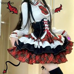 Work Dresses Japanese Kawaii Lolita 3 Piece Set Women Gothic Plaid Patchwork Vintage Sweet Mini Skirt Suit Female Korean Fashion Y2k Outfits