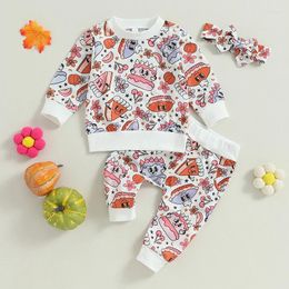 Clothing Sets Toddler Girls 3PCS Pants Long Sleeve Floral Pumpkin Print Tops Elastic Band Headband