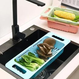 Kitchen Storage Adjustable Dish Drainer Sink Basket Washing Vegetable Fruit Plastic Drying Rack Accessor Organiser Drainage Bowl