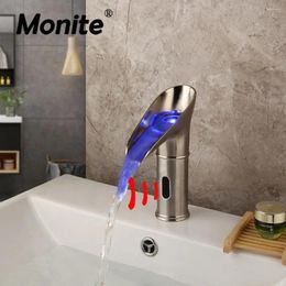 Bathroom Sink Faucets Monite LED Automatic Sensor Hand Touch Griffin Solid Brass Basin Mixer Waterfall FaucetNickel Brushed Faucet