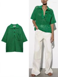 Women's Polos ZBZA Summer Polo Shirt Knitted Lapel Pocket Button Decoration Mesh Cutout Casual Green Short Sleeve Blouse T-shirt