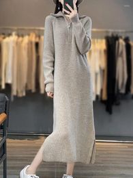 Casual Dresses 100 Merino Wool 2024 Autumn And Winter Women's Slit Lapel Zipper Strip Slim Mid-Length Over-The-Knee Knitted Dress