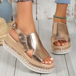 SandalsGold Silver Chunky Platform Sandles Women Summer Wedge Heeled Sandals Woman Back Buckle Peep Toe Sandalias Mujer H240517