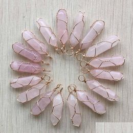 Charms Gold Wire Wrapped Rose Quartz Hexagon Pendum Pendant Healing Pink Crystal Stone Hangings Fashion Jewelry Making Wholesale Drop Otqdw