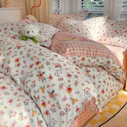 Bedding Sets 2024 Korean Style Washed Cotton Four Piece Set Student Dormitory Countryside Floral Bed Sheets And Duvet Three