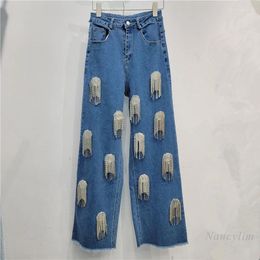 Women's Jeans 2024 Model Style Loose Retro Washed Handmade Rhinestone Tassel Beaded Straight Wide Leg Mop Denim Trousers For Women