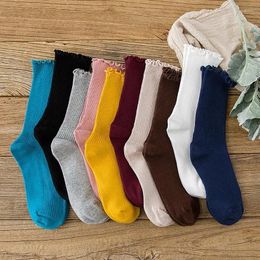 Women Socks Knitting Cotton Breathable Lolita Kawaii Ruffle Japanese Fashion Solid Color School Girls Loose Long Sox