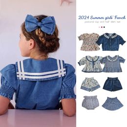 Childrens Shirt Suit Summer Dress Girls Retro Style Bubble Sleeve Embroidered Denim Top Skirt Pant Sets Cute 240515