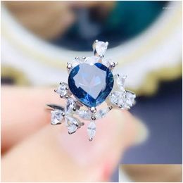 Cluster Rings Natural Real Blue Topaz Ring Love Heart Luxury Style Per Jewellery 8 8Mm 2.5Ct Gemstone 925 Sterling Sier Fine J23946 Dr Dhgpd