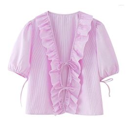 Women's Blouses YENKYE Ruffle Lace Up Striped Women Shirt Vintage Puff Sleeve V Neck Summer Blouse Crop Top Ropa De Mujer