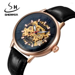 Wristwatches SHENHUA Mens Casual Sport Watch Leather Military Automatic Mechanical Wrist Skeleton Luminous Waterproof Clock