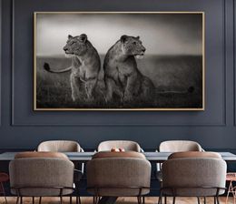 Black and White African Lion Wild Animal Posters and Prints Landscape Canvas Painting Art Nature Wall Picture for Living Room7730223
