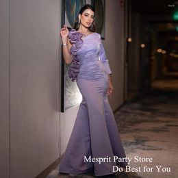 Party Dresses Lilac Mermaid Prom Dress One Shoulder Long Sleeve Beading Sequined Ruffles Satin Evening Saudi Arab Gown