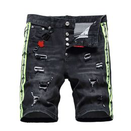 Men's Shorts Side Stripe Dark Grey Denim Shorts For Men Button Fly Distressed Male Summer Bottoms Kn Length Casual Denim Pants T240515