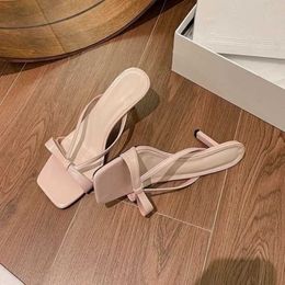 Dress Shoes Fairy style French cat heel sandals summer straight line with bow square toe slim heels elegant high slippers for women H240517