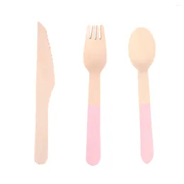 Disposable Flatware 24pcs Wooden Cutlery Utensils Knives Forks And Spoons For Baby Shower Birthday Party