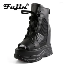 Boots Fujin 14cm Peep Toe Air Mesh Thick Heels Ankle Mid Calf Booties Summer Hollow Women Motorcycle Platform Wedge ZIP Shoes