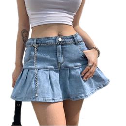 Lu Men Shorts Summer Sport Workout Women's Jean Skirt Y2K Casual Slim A-line Pleated Ruffle Short High Waist Mini Denim Skirts Cotton Woven