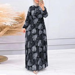 Ethnic Clothing Women's Muslim Dubai Leaf Pleated Dress Casual Fashion Fashionable Waist Flory Print Dresses Long Sleeve Ankle Length