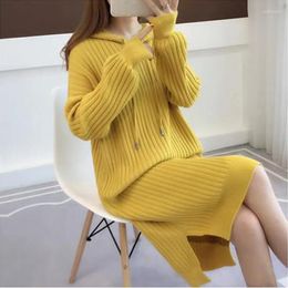 Casual Dresses Spring Autumn Over The Knee Sweater Women 2024 Korean Loose Relaxed Hooded Wool Ball Knitted For Women's Dress