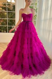 Party Dresses Luxurious Fuchsia Tiered Ruffles Tulle Prom Sweetheart Spaghetti Straps Pleat Ruched Saudi Arabic Evening Gowns