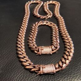 Mens Cuban Link Bracelet & Chain Set 14k Rose Gold Plated 12mm Diamond Clasp 292Y