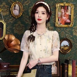 Women's Blouses Chiffon Chinese Style Shirt Summer Embroidery Vintage Loose Short Sleeves Women Tops Fashion Clothing YCMYUNYAN