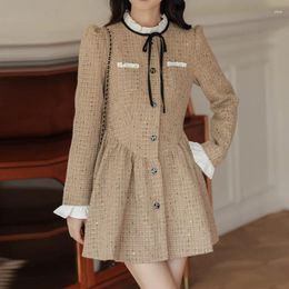 Casual Dresses Fashion Sweet Tweed Autumn Winter Women Short Dress Small Fragrance Long Sleeve Gold Korea Chic French Ladies Mini