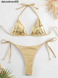 Womens Swimwear Sexy Brozing Gold Bikini Set Women Solid Push Up Micro Swimsuit 2024 Brazilian Beach Bathing Suit Tie Side Triangle ggitys P53Y