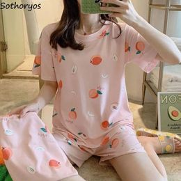 Women's Sleepwear Pajama Sets Women Pear Pattern Printing Pink Slim Kawaii Girls Daily Chic Comfortable Korean Style Fashion Sweet Cute