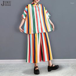 Women's Two Piece Pants Korean Style 2024 Summer Orange Striped Woman Set Oversized Shirt And Wide Leg Girls Casual Outfit JJSE063