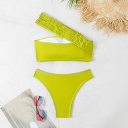 Women's Swimwear Split Design Beachwear Stylish Braided Rope Strap Bikini Set With High Waist Swim One Shoulder Bandeau For Women
