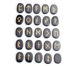 25 Pieces Natural Black Obsidian Carved Crystal Reiki Healing Palm Stones Engraved Pagan Lettering Wiccan Rune Stones Set with a F4937008