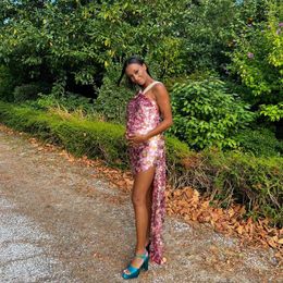 Party Dresses Sexy Halter Sequined Pregnancy Side Slit Women Dress Sparkle Scaly Sequins Maternity Summer Africa Custom