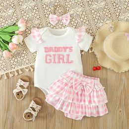 Clothing Sets Baby Girls Shorts Set Short Sleeve Letters Romper With Ruffles Plaid Hairband Summer Cute Outfit