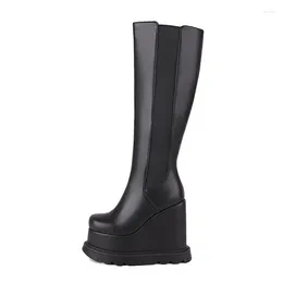 Boots 2024 Winter Add Wool Upset Wedges Waterproof Zipper Knee High Big Size 42 43 Fashion Punk Style White Women's Shoes