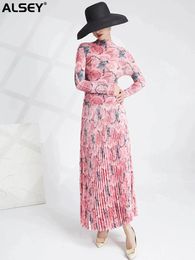 Work Dresses ALSEY Miyake Pleated Rose Printed Women's Top Elastic Waist Office Lady Half-body Skirt Two Piece Spring