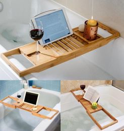 Luxury Bathroom Bamboo Bath Bathtub Shelf Bridge Tub Caddy Tray Rack Retractable Wine Glass Book Holder Bathtub Rack Support Y11257230230