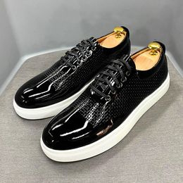Luxury Mens Casual Shoes Black Genuine Patent Leather Brand Design High Quality Lace Up Flats Italian Sneaker Shoes for Men 240510