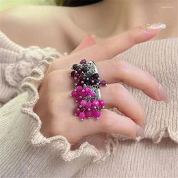 Cluster Rings XIALUOKE Vintage Natural Stone Multi-pendant High-grade Fringe Beaded Open Ring Women's European American Style Jewellery Party