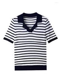 Women's Polos Fashion Lapel Collar Knit Black White Striped Short Sleeve Women Tops Simple Summer Polo Shirt T-shirts Tees